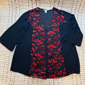 Intimates Lane Bryant Vintage Black Sheer Robe w/Red Velvet Floral Panels 14/20